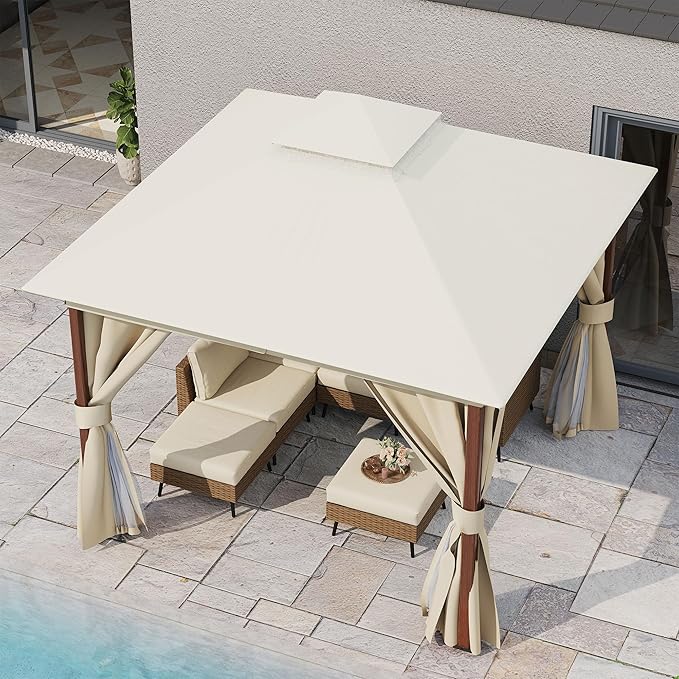 LAUSAINT HOME Patio Gazebo 10'x10' Wood-Grain, Outdoor Heavy Duty Party Tent Shelter with Double Roofs, Mosquito Nettings and Privacy Screens for Backyard, Garden, Lawn, Cream White