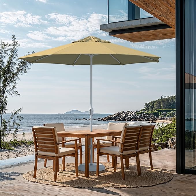 California Umbrella 12-Year Protection 9-Ft Outdoor Patio Umbrella, Sunbrella Fade-Resistant Fabric, Auto-Tilt, Heavy Duty Aluminum Frame, 8 Reinforced Ribs for Pool or Deck, White Pole, Wheat