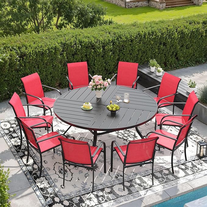 DIFY 11 Pieces Outdoor Patio Dining Set for 10, 59.8" Black Round Metal Dining Table and 10 Red Stackable Sling Dining Chairs, Outdoor Table and Chairs for Lawn Garden Backyard Deck