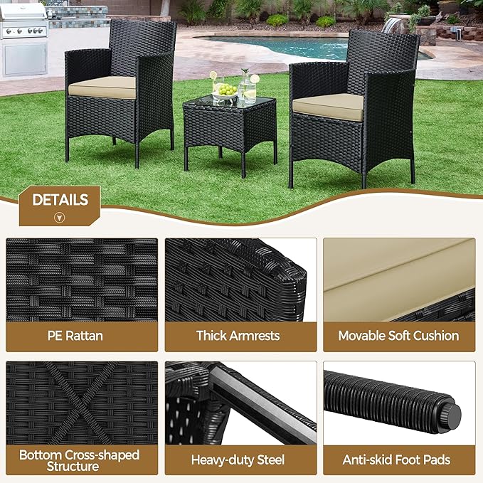 Yaheetech 3 Pieces Patio Conversation Set, Outdoor Rattan Bistro Furniture, 2 Chairs with Cushions & 1 Side Table for Bistro/Porch/Garden/Deck/Courtyard, Black/Khaki