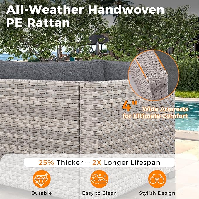 6-Seat Modern Outdoor Wicker Rattan Patio Furniture Set with 55,000 BTU Fire Pit Table, Thick 4″ Cushions, All-Weather Dual-Strand Rattan, Rust-Resistant Steel Frame,Black