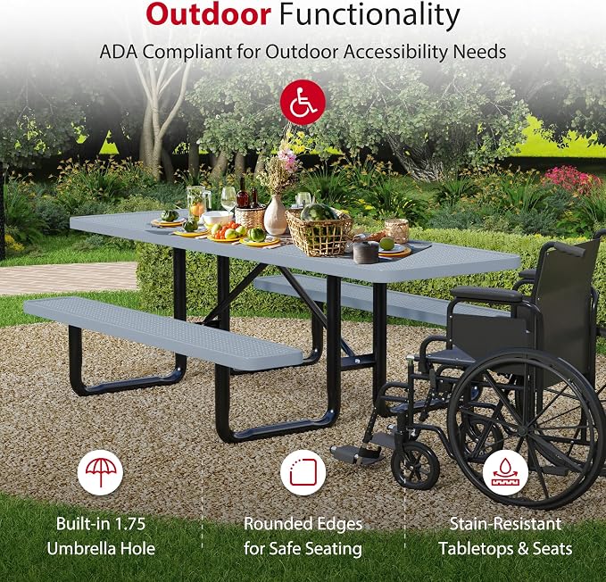 Leisure Craft Metal Picnic Table with Bench - 8 ft Rectangle Outdoor Dining Table with Umbrella Hole, Heavy Duty Thermoplastic Coating, ADA Compliant, Commercial Grade Furniture Made in USA - Gray