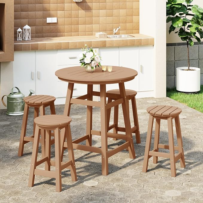 WestinTrends Malibu 5-Piece HDPE Outdoor Patio Dining Bar Bistro Table Set with Counter High Round Bar Stools