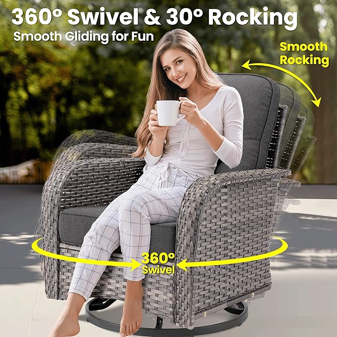 ovios 7 Pieces Patio Furniture Set, Outdoor Wicker Sofa Couch with Rocking Swivel Chairs Fire Pit Table, Modern Deep Seat Rattan Conversation Sets for Deck Porch, Black