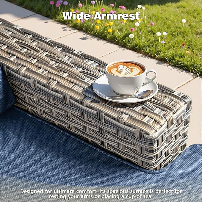 Patio Furniture Sets 7 Pieces Outdoor Sectional Rattan Sofa Manual Weaving Wicker Patio Conversation Set with Ottomans and T Cushion(Light Blue)