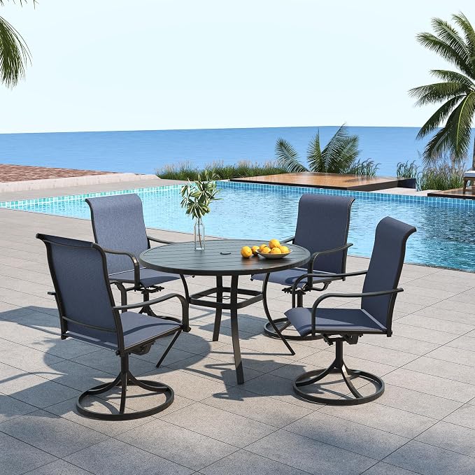 Outdoor Navy Blue Swivel Chairs and 41" Round Table Dining Set 5 Piece Sty2 | 41 inch Metal Round Table; 4 Piece Swivel Chairs: High Back, Curved Armrest, Textilene Fabric, Rocking; All Weather