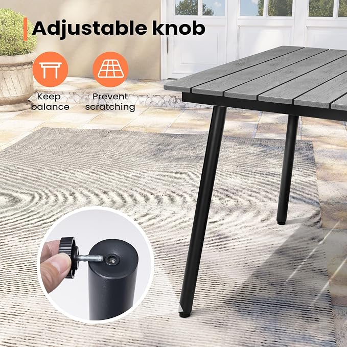 Pellebant 95" Patio Outdoor Dining Table for 8-10, Weather-Resistant Aluminum Frame with Wood-Grain Top & Umbrella Hole for Deck Gatherings, Grey