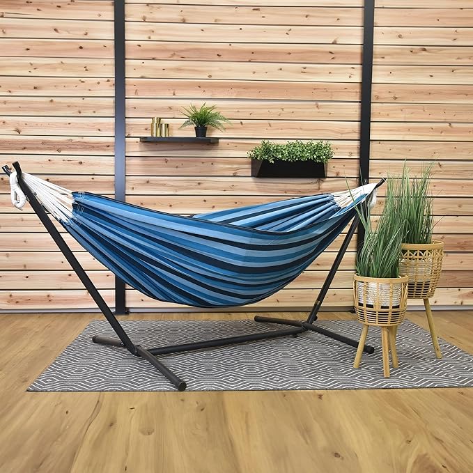 Vivere Double Cotton Hammock with Space Saving Steel Stand, Upgraded Polyester End Strings 450 lb Capacity - Premium Carry Bag Included - USA Grown Cotton (Blue Lagoon)