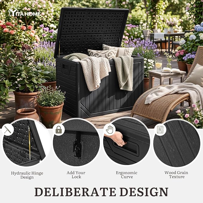YITAHOME XXL 230 Gallon Extra Large Outdoor Deck Box, Lockable Resin Double-Wall Storage Box and Waterproof Patio Furniture Bin for Garden Tools & Pool Accessories, Black
