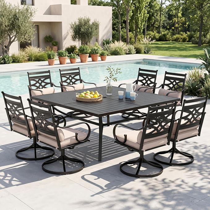 MFSTUDIO 9-Piece Patio Dining Set, 57.5" Square Metal Table, Swivel Chairs | Umbrella Hole, All-Weather Use