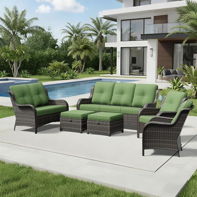 Joyside 6 Piece Wicker Patio Furniture Set, Rattan Patio Chairs with High Back, Deep Seating, Wide Armrest, Thickened Cushions, Outdoor Furniture for Deck, Porch Use