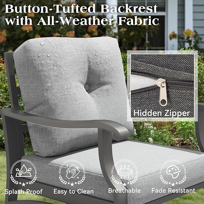 4 Piece Patio Furniture Set, Metal Outdoor Conversation Set w/3-Seat Sofa, 2 Rocking Swivel Chairs, Side Table, Patio Bistro Set w/5" Thickened Cushions for Porch Yard Poolside, Gray