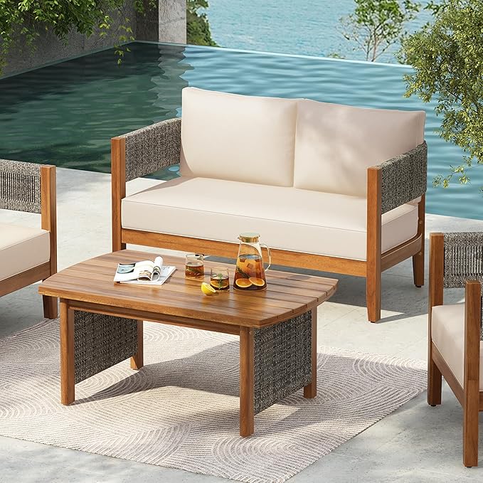Christopher Knight Home Quixley Outdoor Acacia Wood Loveseat and Coffee Table Set with Cushions, Wooden Patio Conversation Set with 2 Seater Couch+Coffee Table, Chat Set for Balcony Garden, Teak+Beige