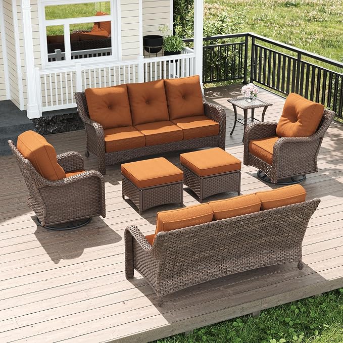 LayinSun 7 Piece Wicker Outdoor Furniture Set with 6-inch Comfy Cushions, High Back Patio Furniture Set with Swivel Rocking Chairs and Side Table