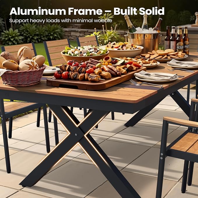 Pellebant 94" Outdoor Dining Table with LED Lights, 8-10 Person Aluminum Patio Table with Umbrella Hole, Sturdy Frame & 8ft Wood Grain Tabletop for Deck, Porch, Backyard