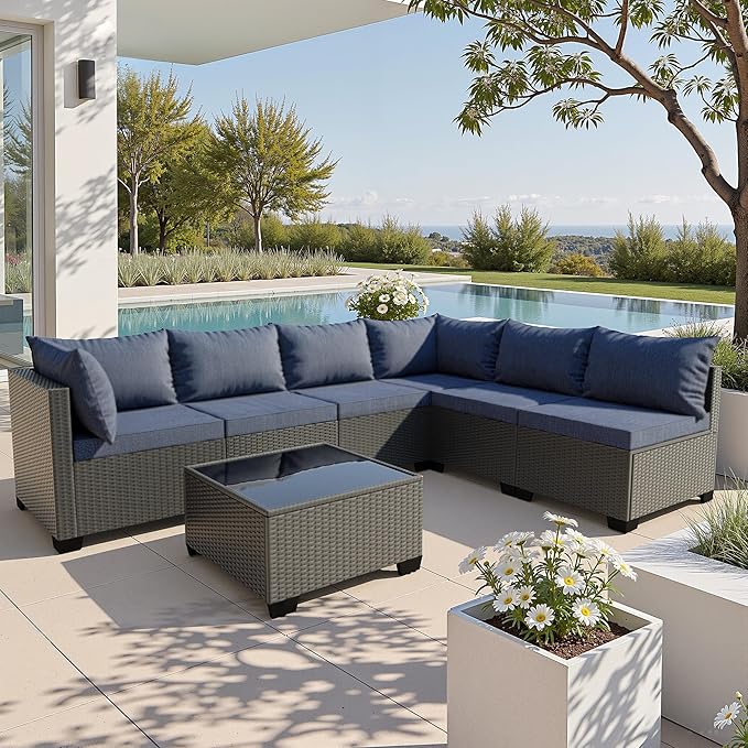 7 Piece Patio Furniture Set, All-Weather Water-Resistant Wicker Rattan Sectional Sofa, Modular Outdoor Conversation Set for Backyard, Garden, Poolside, Balcony