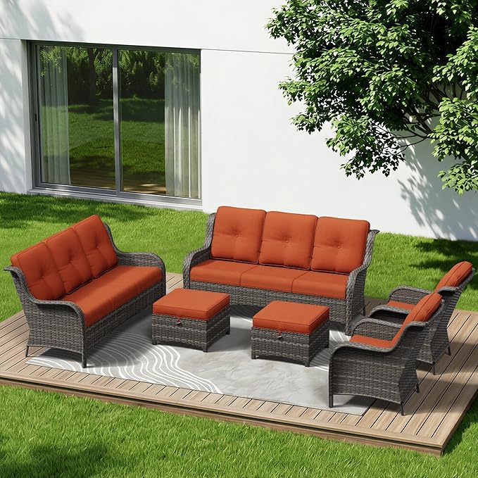 6 Piece Outdoor Wicker Patio Furniture Set, Patio Chairs Set with Thickened Olefin Cushions, High Back and Deep Seating, Hand-Woven PE Rattan, Ottoman for Porch, Deck
