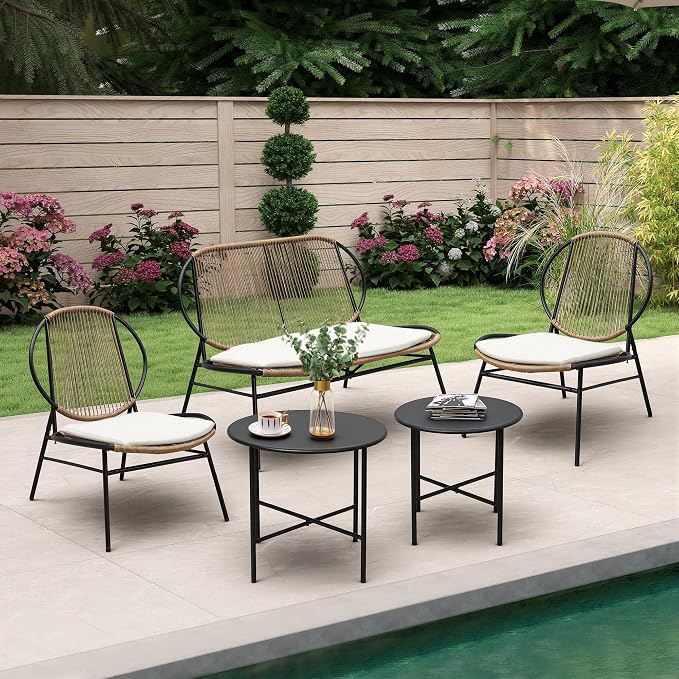 5-Piece Outdoor Patio Furniture Set, Wicker Sofa and Chairs with Cushions, PE Rattan All-Weather Conversation Set with Coffee Table for Backyard, Patio, Poolside, Garden, Deck Natural Wood