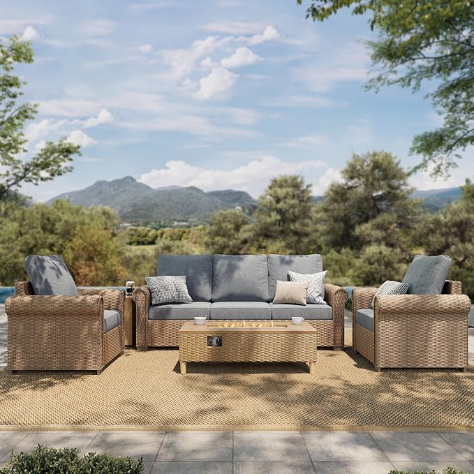 HERA'S HOUSE Patio Furniture Set, 4 x Cushioned Chairs, 3-Seat Sofa with Wood Grain Coffee Table, 5 Seats Luxury Windsor Style All Weahter Outdoor Sofa Conversation Set for Deck Lawn Backyard