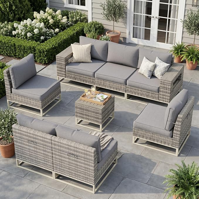 Outdoor Patio Furniture Set 8 Piece Gray PE Rattan Wicker Outdoor Sectional Sofa with Thickened Cushions and Chunky Arms, Modern Modular L-Shaped Conversation Set for Garden, Backyard, Slate Grey