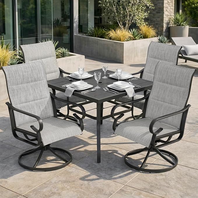 NUU GARDEN 5-Piece Padded Textilene Outdoor Dining Set, Slatted Outdoor Table and Chairs with Swivel Base, All Weather Patio Furniture Set with Umbrella Hole for Backyard, Garden, Light Gray