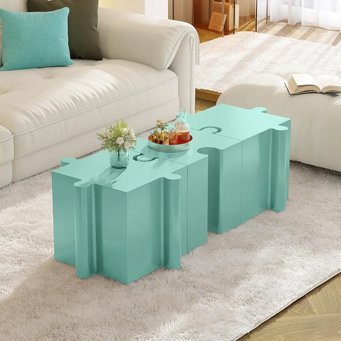 Christopher Knight Home Daton 3 Piece Interlocking Outdoor Side Table Set, Modular Lightweight Concrete Coffee Table, Convertible MGO End Table for Indoor&Outdoor, Creative Set Up, Mint Green
