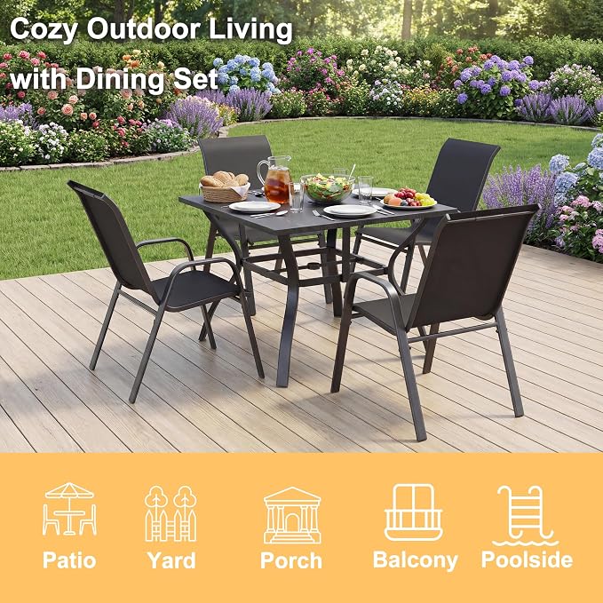 5 Pieces of Outdoor Dining Set - Square Patio Table with Umbrella Hole and 4 Stackable Dining Chairs All-Weather for Garden, Deck, and Poolside (Black, 38“L x 38“W x 28"H Square Dining Table)