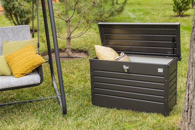 Biohort LeisureTime Metallic Dark Gray Deck Box - 51 Gallon Metal Outdoor Storage, Locking, Waterproof, for Tools, Cushions, Pool & Package Chest, Soft Close Size: 18in x 40in x 25in | 39.7 L x 18 W x 24 H, Durable Outdoor Storage, Locking, Waterproof,...