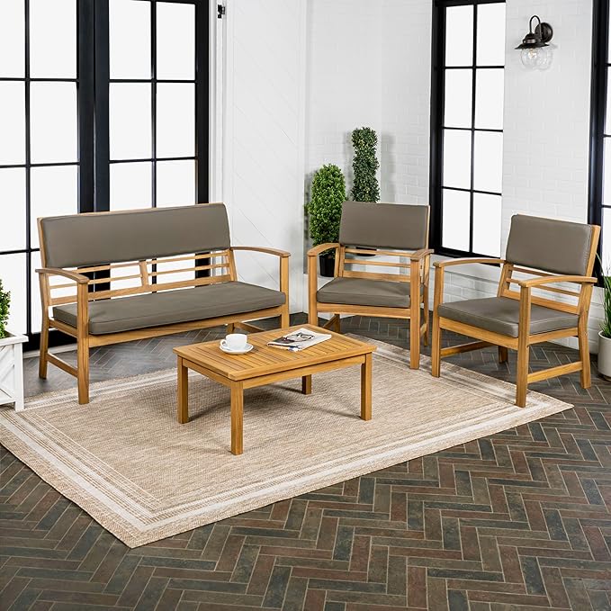 JONATHAN Y LVG1000B-4SET Barclay 4-Piece Modern Coastal Acacia Wood Conversation Outdoor Patio Set with Cushions Transitional, Classic, Traditional, Vintage, Mid-Century, Dark Gray/Teak Brown