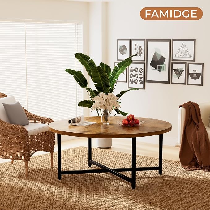 FAMIDGE Coffee Table, 31.5" Large Round Coffee Table for Living Room, Center Tables for Family & Office Use, Outdoor Coffee Table Round, Large Rustic Brown(31.5" D x 17.7" H)