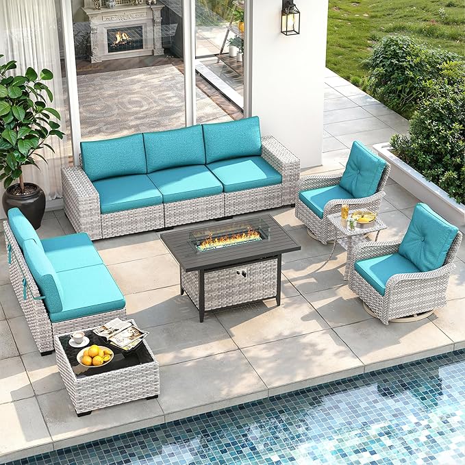 10 Piece Outdoor Wicker Rattan Sectional Sofa Set with Swivel Chairs & Fire Pit Table, 7-Seats with 4" Thickened Cushions & Coffee Table, All-Weather PE Rattan for Garden, Backyard, Porch, Turquoise