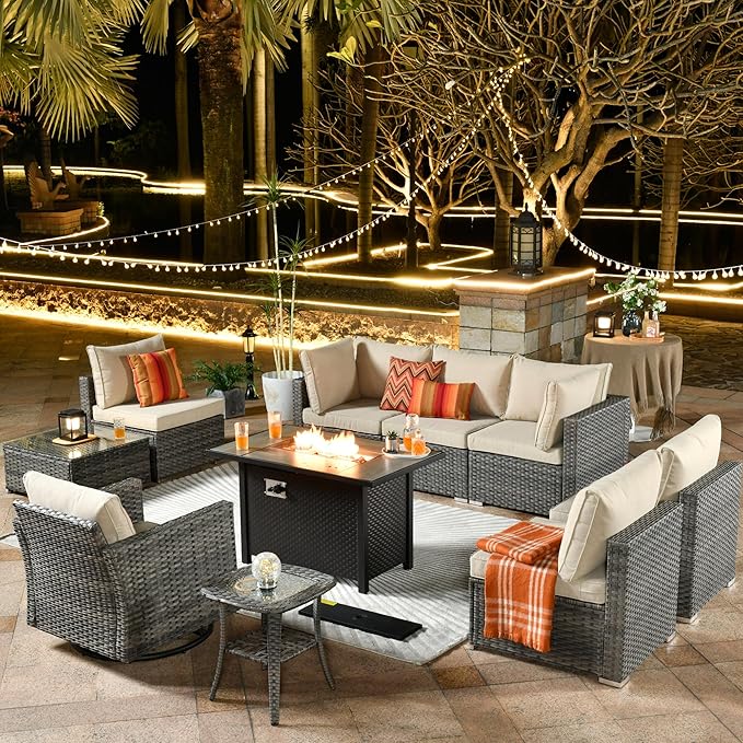 ovios 10 Piece Outdoor Patio Furniture Set with Fire Pit Table,Conversation Sectional Wicker Couch with Swivel Chairs,Modern Outside Sofa for Balcony Backyard, Beige