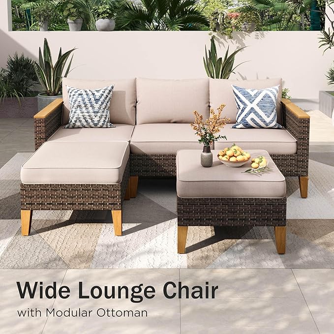 PHI VILLA 11-Piece Outdoor Sectional Patio Conversation Set, Half-Moon Curved Wicker Furniture Set for 11 Seats with Cushioned 2 x Fan-Sofa, 4 x Armrest Sofa, 3 x Armless Chair and 2 x Ottoman, Beige