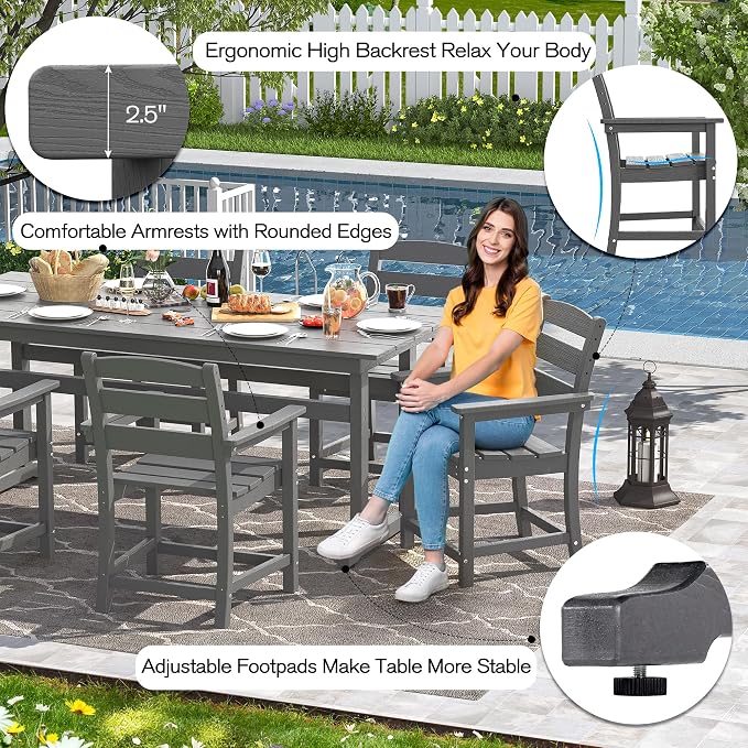 nalone 5-Piece Patio Dining Table Set, HDPE Outdoor Dining Sets with Table and 4 Chairs, Dining Furniture Set with Umbrella Hole (Grey, 5 Pcs)