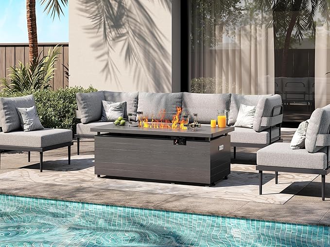 Metal Patio Furniture Set, 7 Pieces Outdoor Sectional Couch Sets with Fire Pit Table & Washable Cushion, Modular Outdoor Corner Sofa Set for Deck, Patio & Courtyard (Gray)