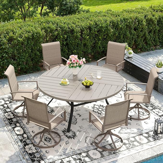 DIFY 7 Piece Outdoor Dining Set, Metal Patio Table and Chairs Set, 53.1" Grey Wood-Like Round Dining Table & 6 Sandshell Padded Textilene Swivel Patio Chairs, Outdoor Furniture Set for Garden Backyard