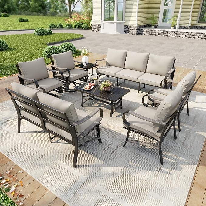 8 Pieces Patio Furniture Set, Metal Outdoor Conversation Sets with Swivel Chairs, Modern Couch Sofa Seating Group with Coffee Table and Side Table (Thick Beige Cushions)