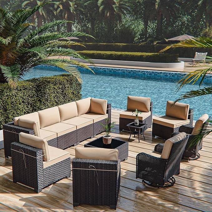 12 Pieces Outdoor Patio Furniture Set,Outdoor Sectional Furniture All Weather PE Rattan Wicker Patio Conversation Set with Coffee Table,Swivel Rocking Chairs Set,Sand
