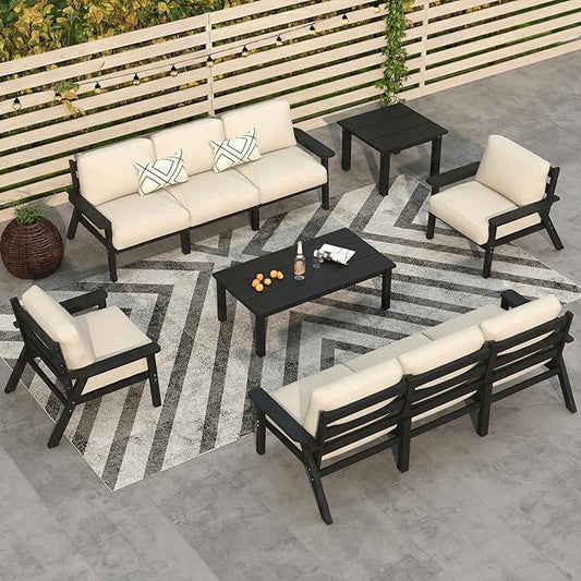 10 Piece Outdoor Patio Furniture Set, Outdoor Couch with Washable Thick Beige Cushions, Coffee Table & Side Table, Patio Conversation Sets for Lawn, Garden, Porch, Balcony (Black Frame)