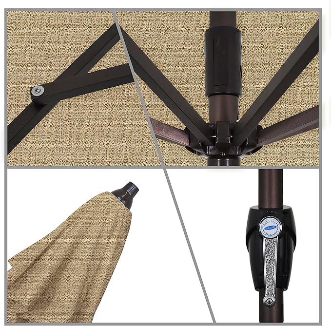 California Umbrella 7.5' Round Sunbrella Aluminum Outdoor Deck, Pool or Patio Umbrella, Crank Lift, Auto Tilt, Bronze Pole, Linen Sesame