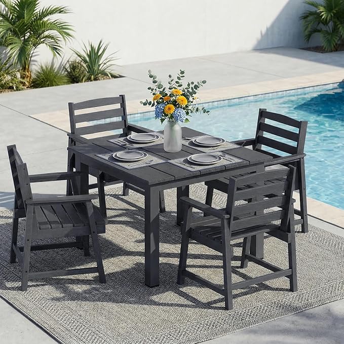 LOUNZY 5-Piece HDPE Patio Dining Set - Outdoor Square Table with 2" Hole Cut-Out & 4 Chairs,Black