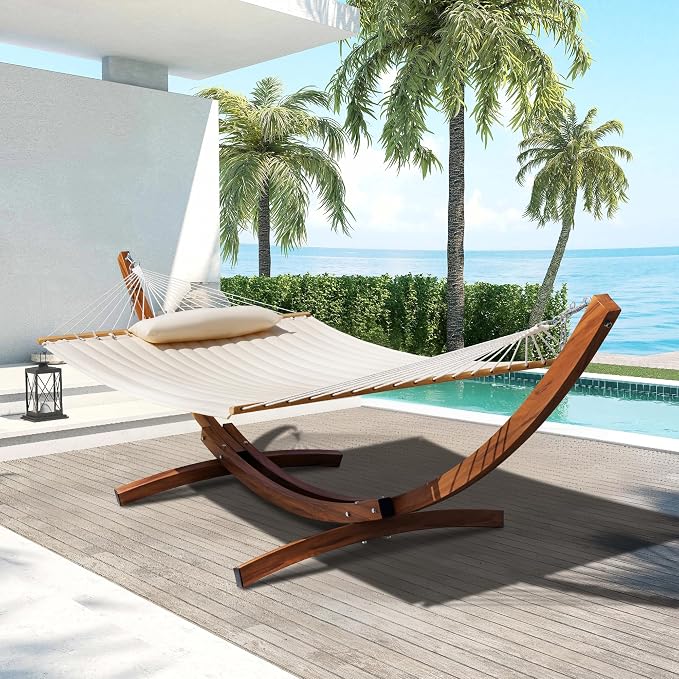 Lazy Daze Hammocks 12 FT Double Quilted Hammock with Wood Grain Curved Steel Stand for Outside, Backyard, Patio, 450 Lbs Capacity, Cream
