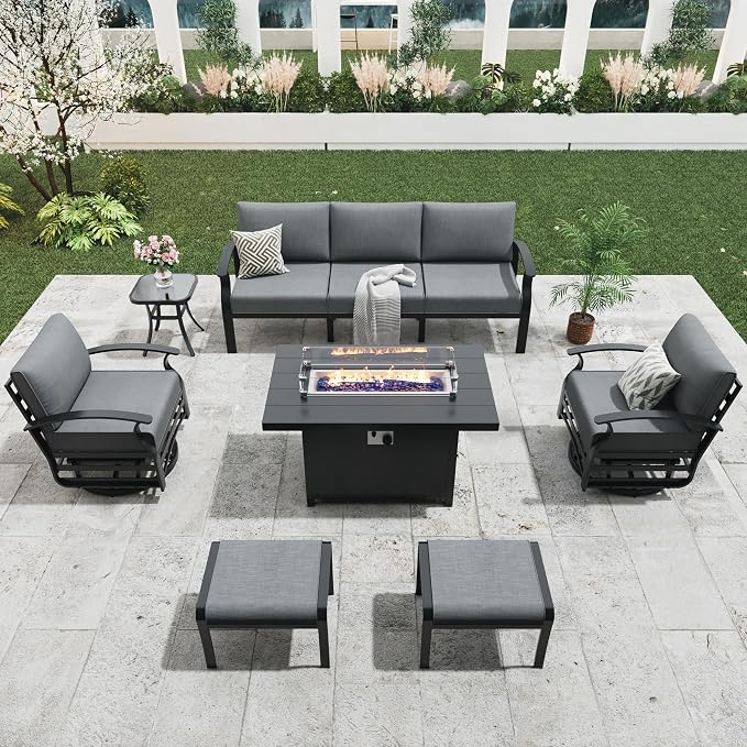 Aluminum Outdoor Patio Furniture Set,5 Seats Patio Conversation Sets with 45" Propane Fire Pit Table 2 Ottomans,Metal Furniture Set with 2 Swivel Rocking Chairs,Grey