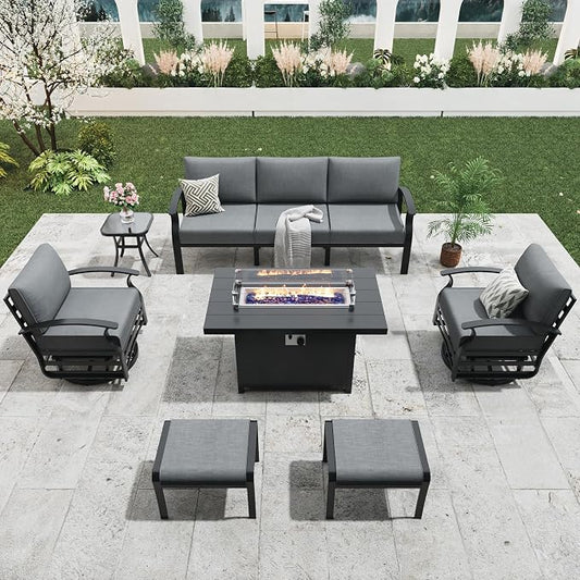 Aluminum Outdoor Patio Furniture Set,5 Seats Patio Conversation Sets with 45" Propane Fire Pit Table 2 Ottomans,Metal Furniture Set with 2 Swivel Rocking Chairs,Grey