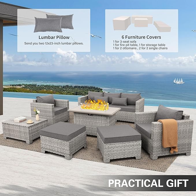 WAROOM Patio Furniture Set 6 Piece PE Rattan Outdoor Conversation Sets Grey Wicker Couch Sectional Sofa with Fire Pit Table and Grey Cushion