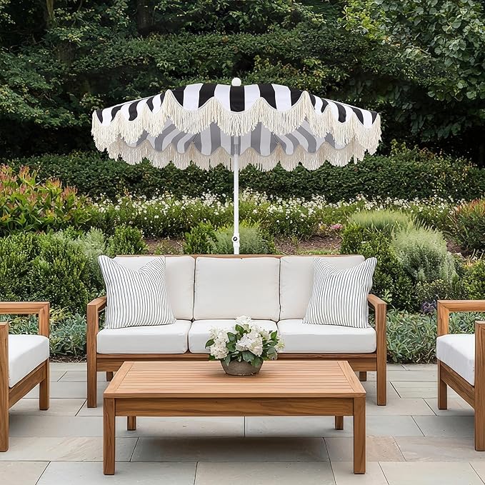 JONATHAN Y Mariner 6.5 ft. Beach Umbrella, Black/White Striped with Fringe, Push-Button Tilt, UPF 50+ Sun Protection and Carrying Bag for Patio and Pool, White Pole UMB1003Q