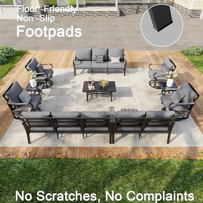 10 Pieces Patio Furniture Set, Metal Outdoor Conversation Sets with Swivel Chairs, Modern Couch Sofa Seating Group with Coffee Table and Side Table (Thick Gray Cushions)