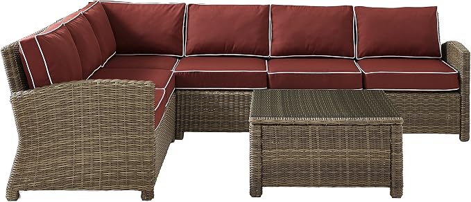 Crosley Furniture Bradenton 5-Piece Outdoor Sectional Sofa Wicker Conversation Patio Furniture Set for Deck, Brown with Sangria Cushions