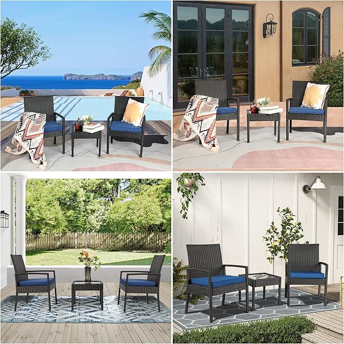 3 Piece Outdoor Patio Furniture Sets, Rattan Conversation Set with Soft Cushion, Wicker Chairs with Coffee Table for Yard Backyard Lawn Porch Poolside Balcony, Blue
