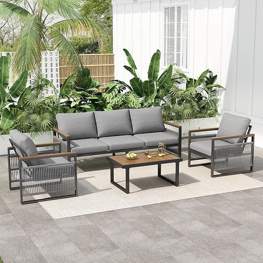 Christopher Knight Home Lena Patio 4 Pieces Conversation Set, Rope Woven Club Chairs and 3 Seater Sofa, Metal Frame Armchair, Slat Panel Coffee Table, Furniture Set for Backyard Garden Poolside, Gray